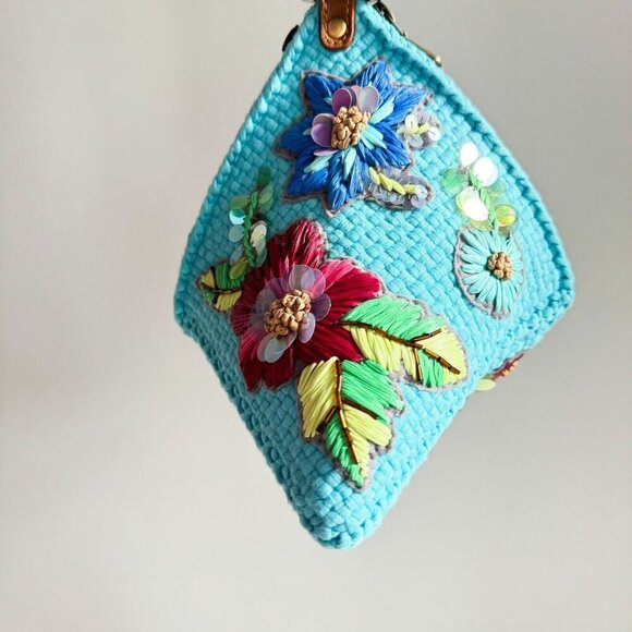 RIIR Blue Woven Floral Embroidered Unique Triangular Wristlet Bag - Picture 1 of 8